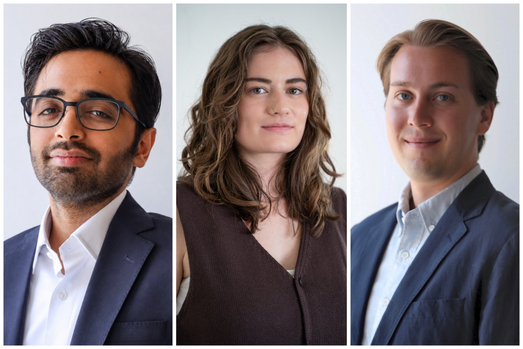 A side-by-side composite of three professional headshots: a bearded man in glasses, a woman with wavy brown hair, and a blond man, all dressed in business attire against plain backgrounds.