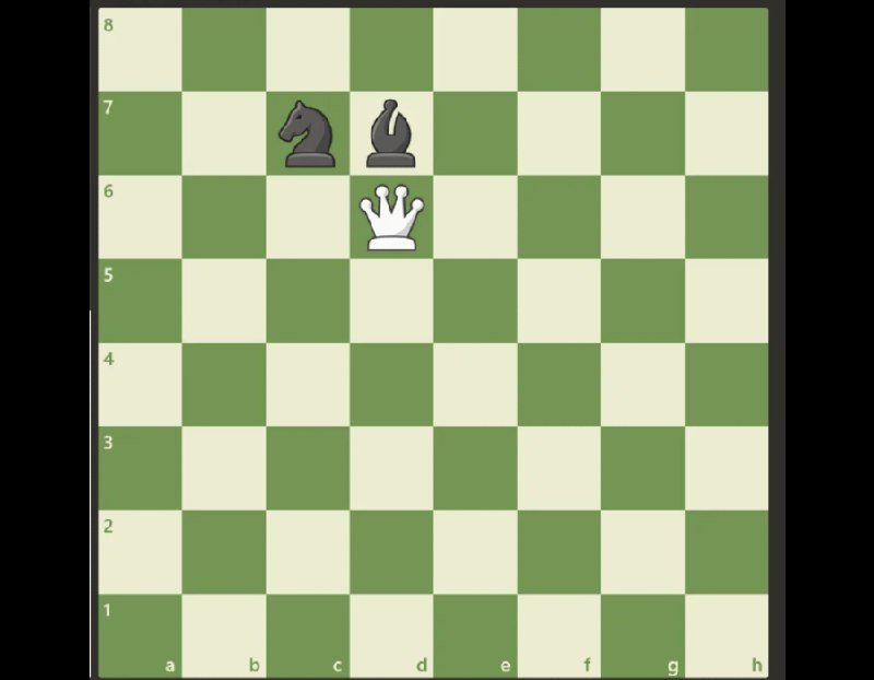 A digital chessboard displays a black knight and bishop on the 7th rank facing a white queen positioned on the 6th rank.