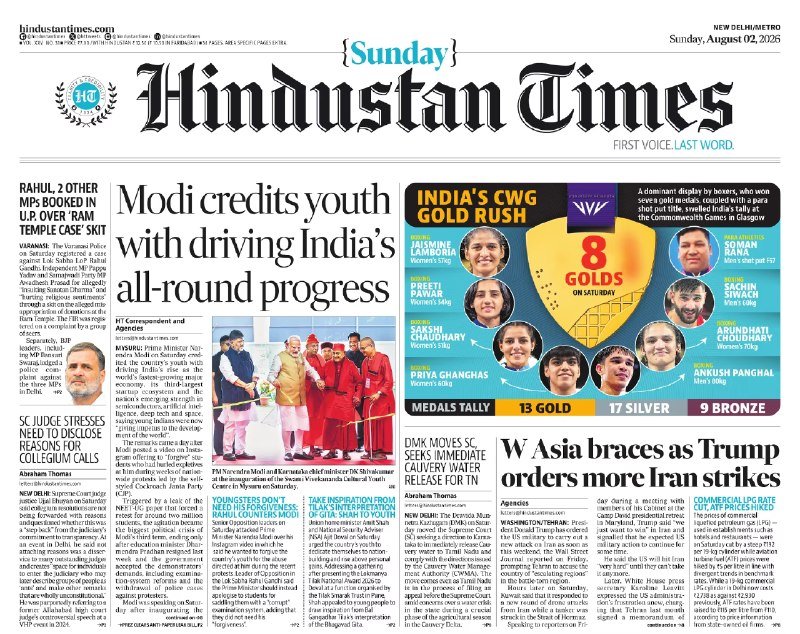 This image is the front page of "Sunday Hindustan Times" newspaper, dated Sunday, August 02, 2026, featuring headlines, news photographs, and an infographic about India's Commonwealth Games performance.
