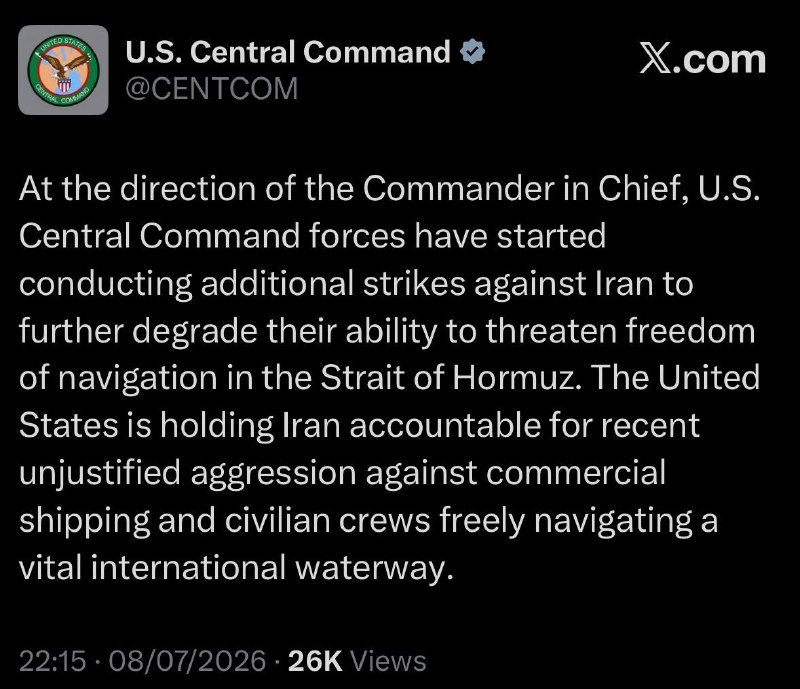 A screenshot of an X.com post from U.S. Central Command (@CENTCOM) announcing strikes against Iran over threats to shipping in the Strait of Hormuz.