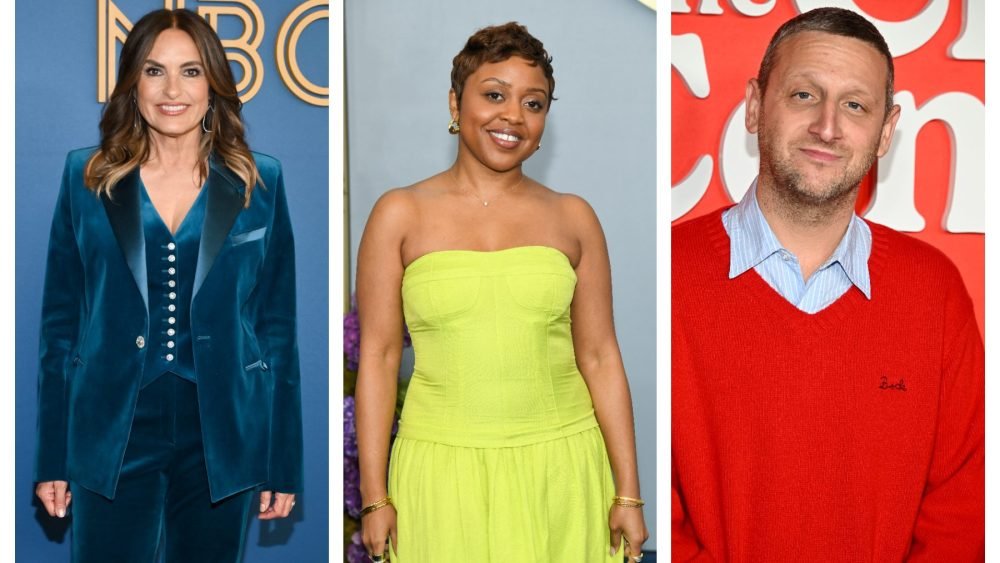 A side-by-side composite of three individuals posing at events: a woman in a teal velvet suit, a woman in a neon green strapless dress, and a man in a red sweater over a collared shirt.