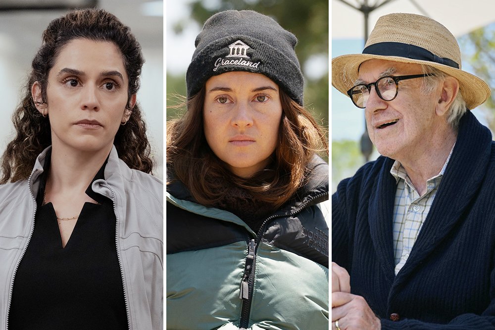A side-by-side composite photograph shows three separate portraits: a woman with curly dark hair in a white jacket, a woman in a "Graceland" beanie and green North Face jacket, and an older man in a straw hat and glasses.