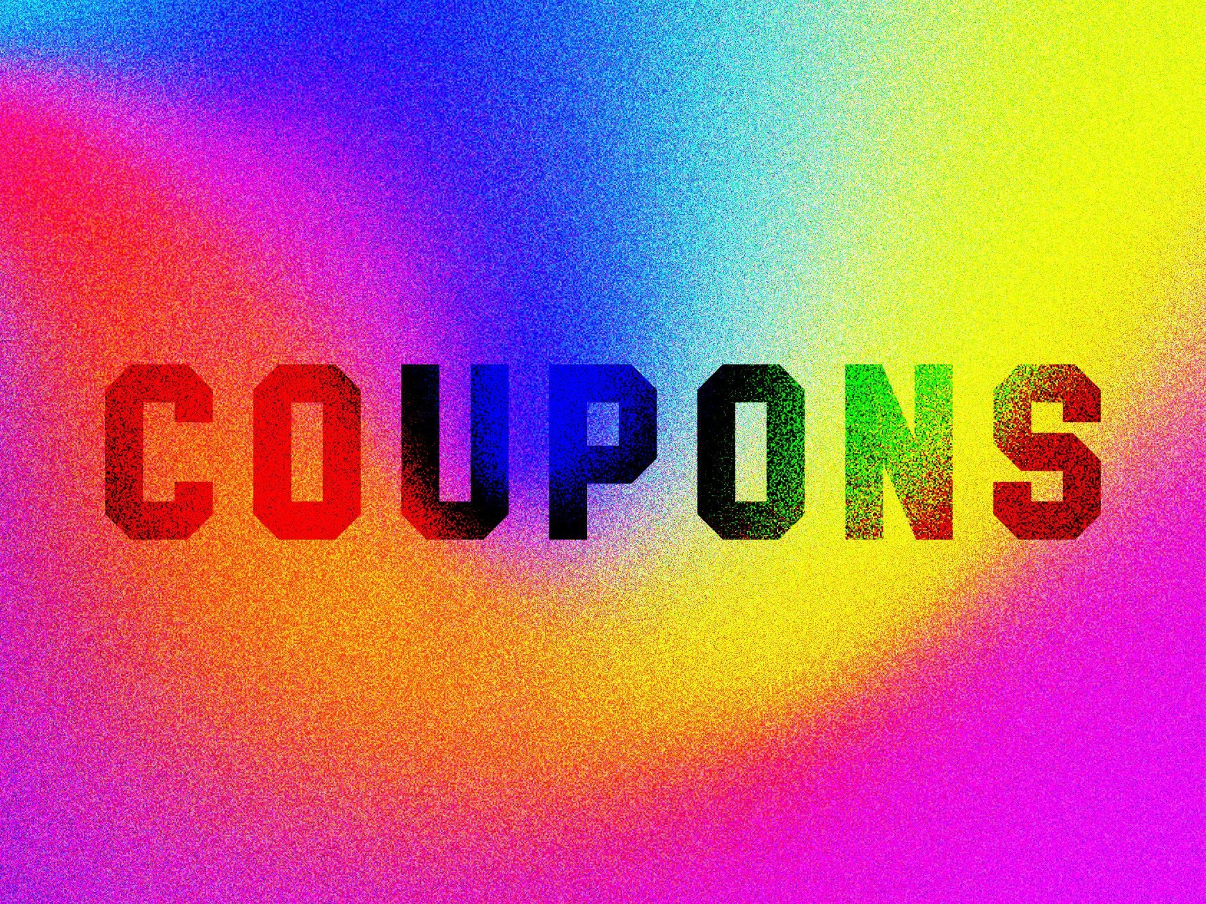 A graphic illustration displays the word "COUPONS" in bold, multicolored letters over a textured rainbow gradient background.