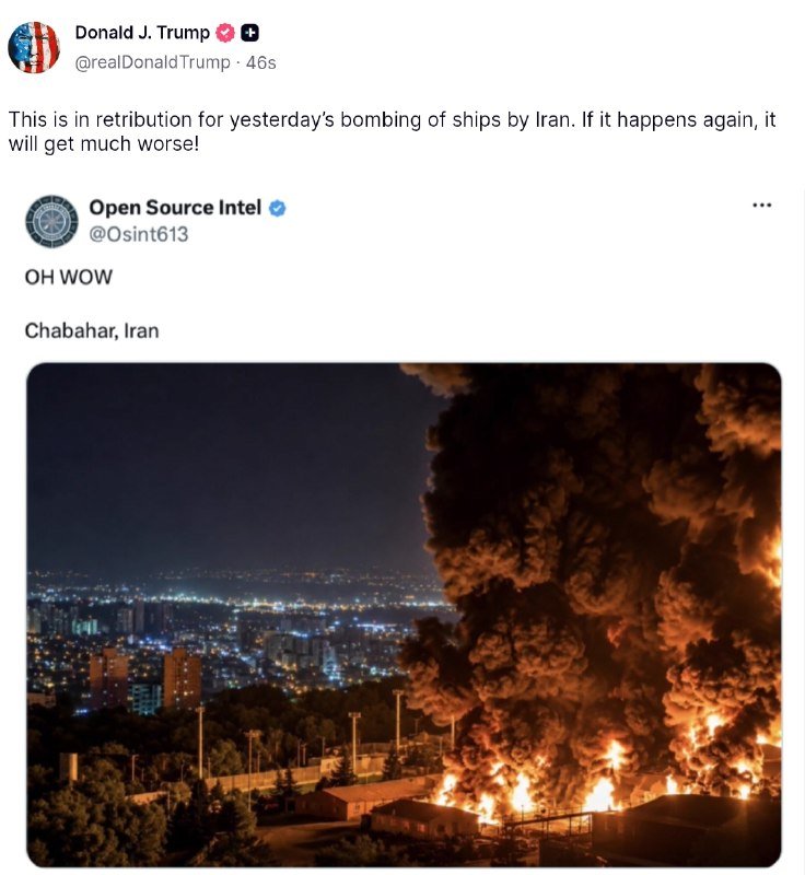 A social media screenshot showing a tweet about "retribution for yesterday's bombing of ships by Iran" above a nighttime photo of flames and large smoke plumes over a city.