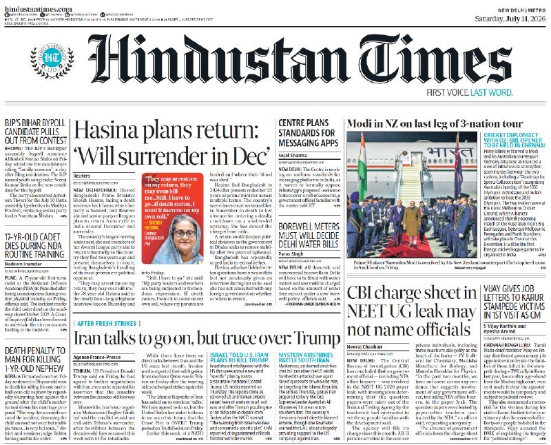 A "Delhi Times" newspaper front page dated Saturday, July 11, 2026, featuring multiple headlines and articles including "Hasina plans to surrender in Dec," "Iran talks to go on, but truce over: Trump," and "CBI charge sheet in NEET UG leak may not name officials."