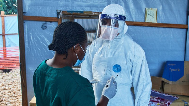 Four people in white protective suits and blue face masks stand outdoors on a brick-paved area surrounded by green vegetation, with one person in the foreground adjusting their hood.