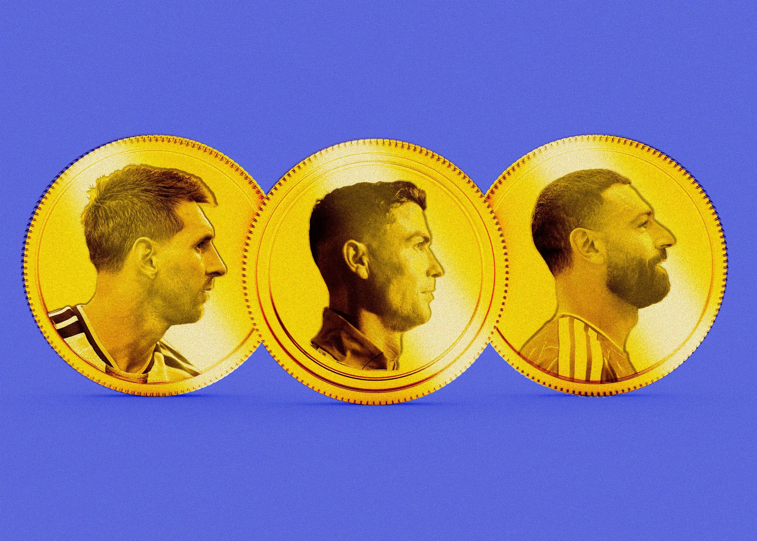 Three gold-colored coins stand upright in a row against a blue background, each featuring a right-facing profile portrait of a man.