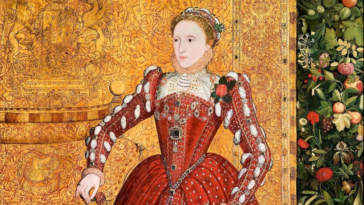 A woman in an ornate red, jeweled gown with a high ruffled collar poses beside a fruit-and-flower garland against a golden patterned backdrop in this Renaissance-style portrait.