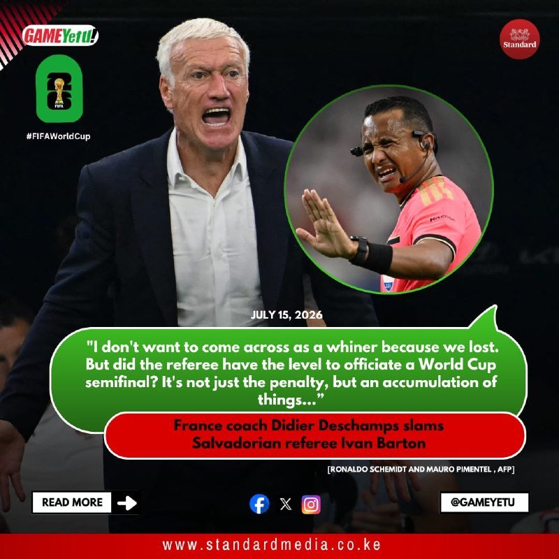 A news graphic shows a shouting man in a suit beside an inset of a referee in pink, with text dated July 15, 2026, featuring a quote about a World Cup semifinal.