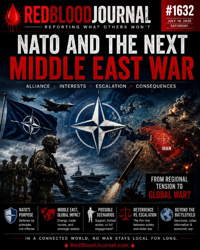 A digital poster-style graphic features the headline "NATO AND THE NEXT MIDDLE EAST WAR," accompanied by imagery of soldiers, fighter jets, a naval ship, a missile, and maps highlighting Iran under the "RedBloodJournal" publication date of July 19, 2025.