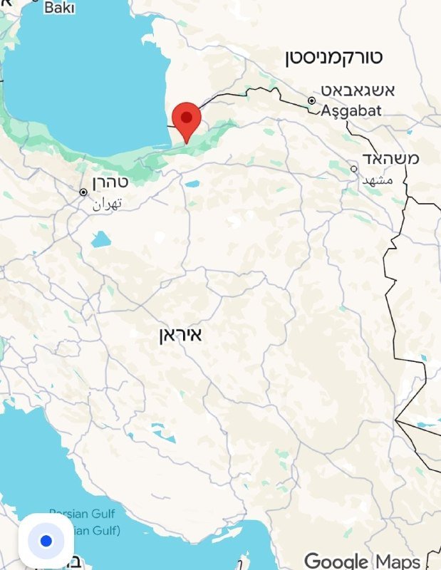 A Google Maps screenshot displays a red pin marking a location in northern Iran, near the Turkmenistan border, with labeled cities including Tehran, Tabriz, and Ashgabat.
