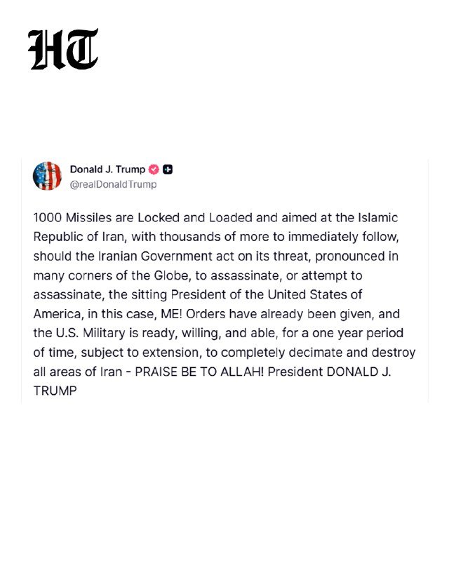 A social media post by verified account "Donald J. Trump" (@realDonaldTrump) contains a lengthy text statement claiming 1000 missiles are aimed at Iran.