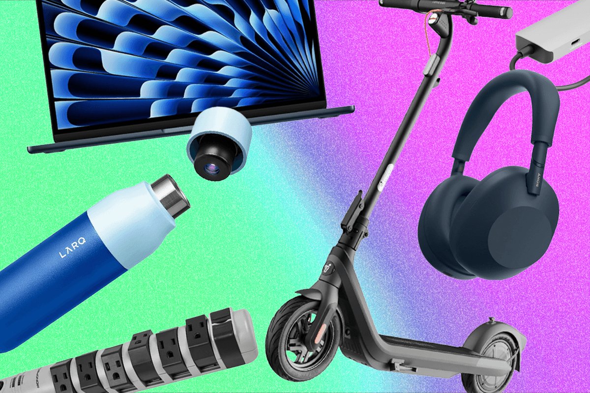 A graphic illustration displays a laptop, water bottle, security camera, electric scooter, power strip, and headphones against a green-to-purple gradient background.