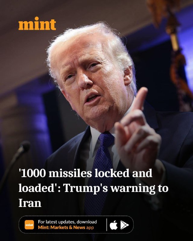 A news graphic features a photograph of an older man in a dark suit with a blue tie, pointing his index finger upward, with overlaid text reading "'1000 missiles locked and loaded': Trump's warning to Iran."