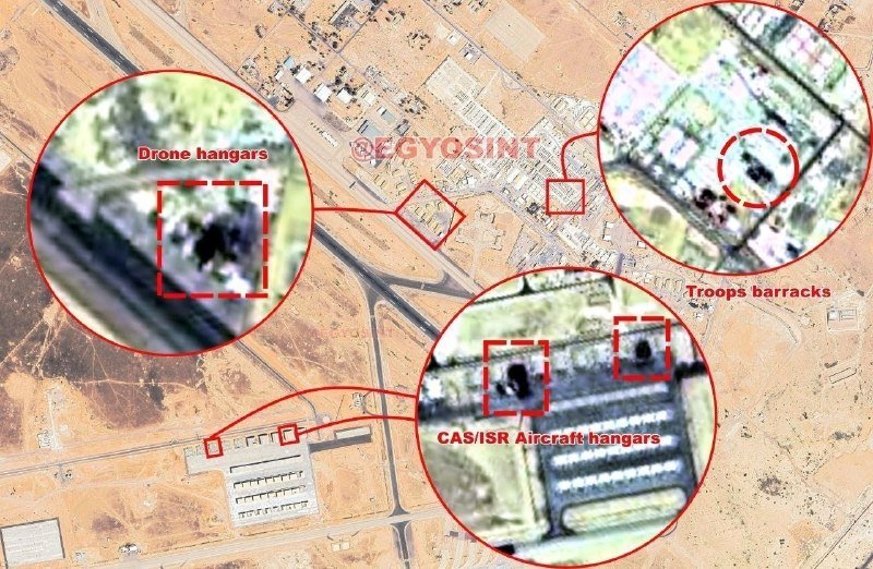 Annotated satellite image shows a desert airfield with red-circled zoom-ins labeled "Drone hangars," "Troops barracks," and "CAS/ISR Aircraft hangars," watermarked "@EGYOSINT."