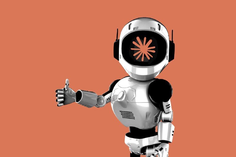 A white humanoid robot illustration with a starburst-patterned black visor screen stands against a solid orange background, one arm extended outward.