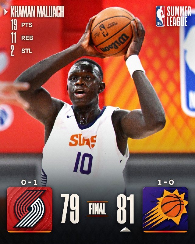 A basketball graphic shows a Suns #10 player holding a Wilson ball above his head, displaying NBA Summer League stats and a final score of Suns 81, Trail Blazers 79.