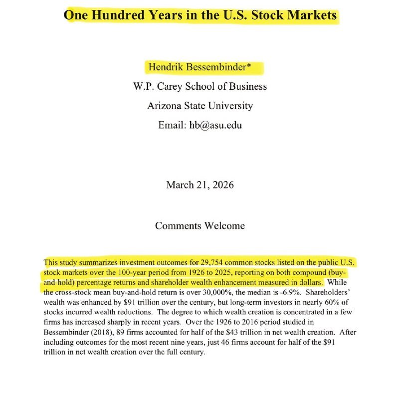 Title page of a working paper titled "One Hundred Years in the U.S. Stock Markets," authored by Hendrik Bessembinder of Arizona State University, dated March 21, 2026.