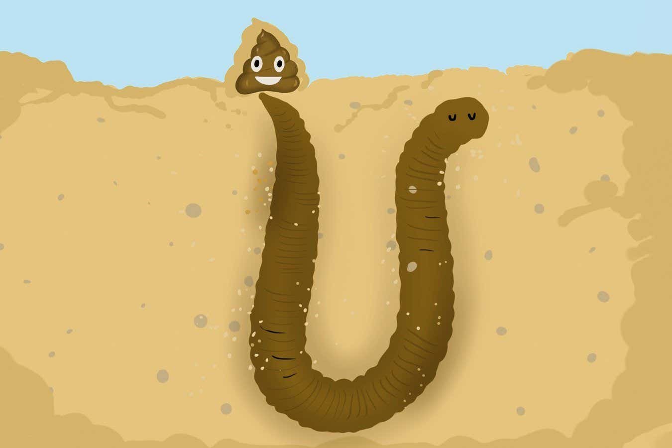 Illustration of a cartoon earthworm shaped like the letter "U" emerging from sandy soil, with its head smiling beside a smiling poop emoji.