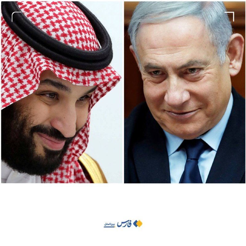 Split-screen image: left shows a bearded man wearing a red-and-white checkered keffiyeh with black agal; right shows a gray-haired man in a dark suit and tie, smiling slightly, with Arabic text below.