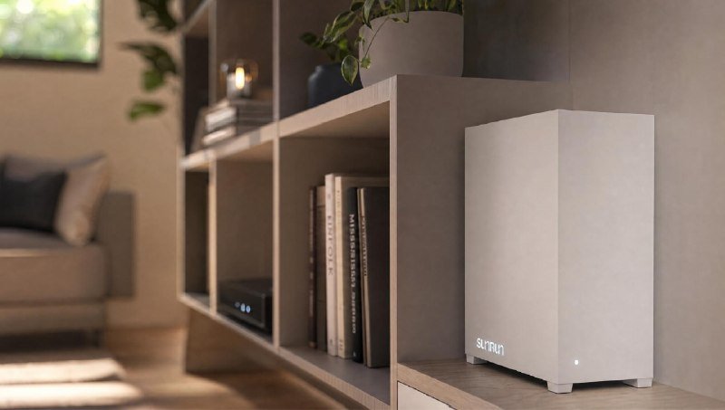 A white Blumax subwoofer sits on a shelving unit beside books and a potted plant, with a gray couch visible in the background.