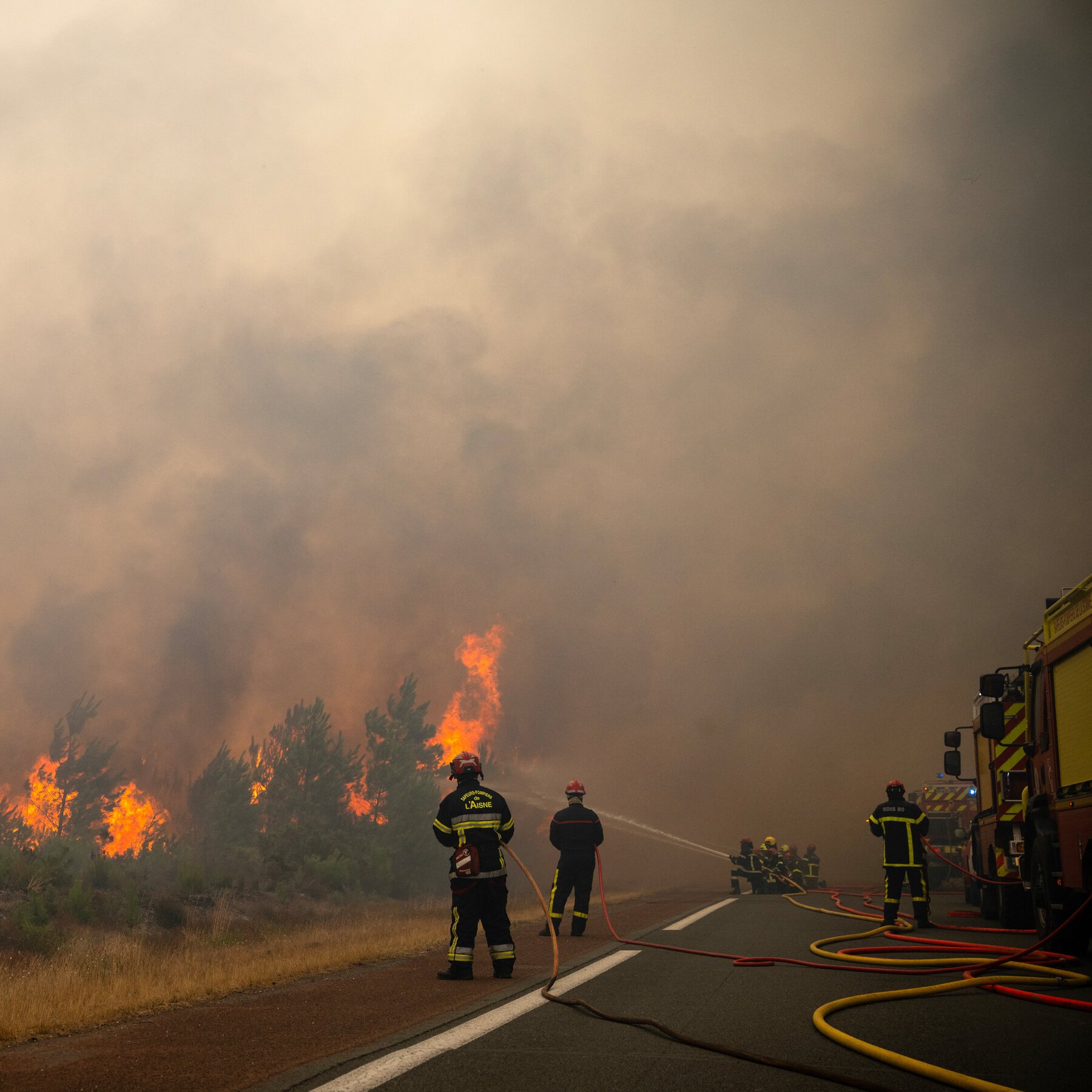 Firefighters in protective gear spray water from hoses along a roadside as flames and heavy smoke engulf nearby trees.