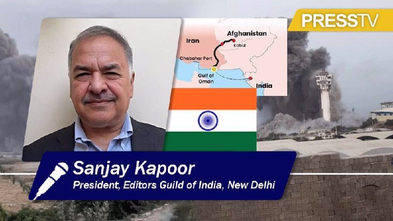 A PRESSTV broadcast graphic shows a man's portrait alongside an Indian flag, a map depicting trade routes between Iran, Afghanistan, and India, and a smoky scene with a communications tower.