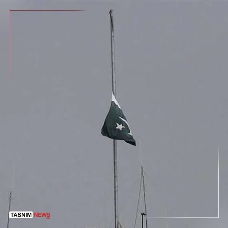 A green and white flag with a star and crescent flies at half-mast on a tall flagpole against a gray sky.