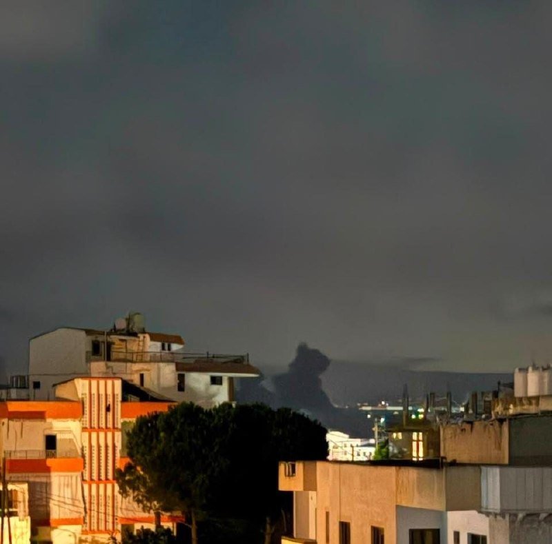 Buildings and a dark tree in the foreground are silhouetted against a twilight sky with distant illuminated cityscape.