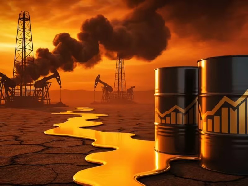 Illustration: oil derricks, drilling pumps, and barrels marked with bar graphs sit on cracked earth, with black smoke rising against an orange sky and a stream of oil flowing across the ground.