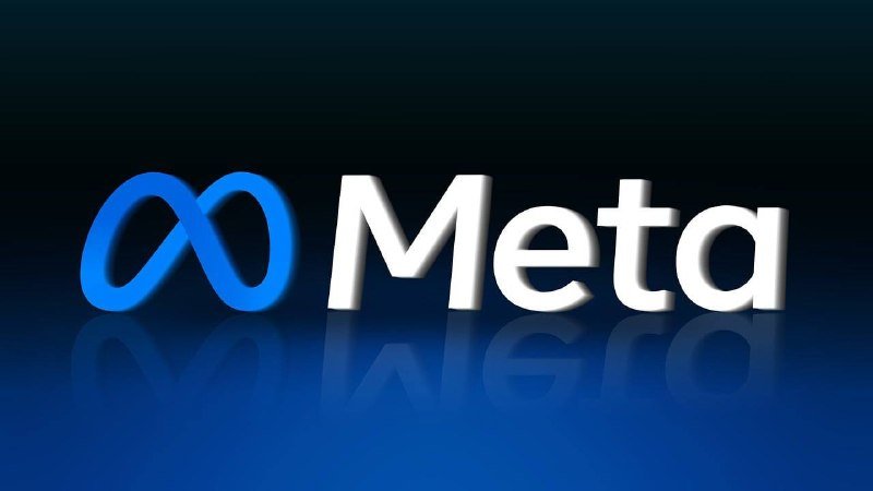The Meta company logo, featuring a blue infinity symbol and white "Meta" text, appears against a dark background with a reflective surface below.