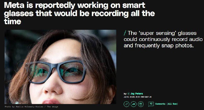 A graphic displays a headline about Meta's smart glasses alongside a close-up photo of a woman wearing dark-framed glasses with text describing the devices' recording capabilities.