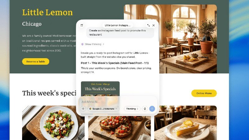 A digital screenshot displays the "Little Lemon" Chicago restaurant website behind a Meta AI chatbot overlay generating an Instagram post for "This Week's Specials."