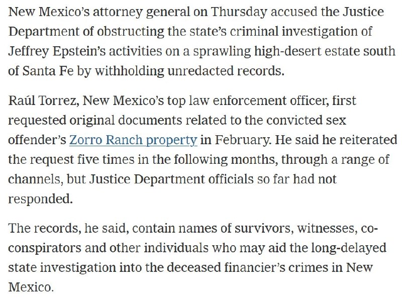 New Mexico's top prosecutor says federal authorities are withholding records central to the state's criminal investigation into Jeffrey Epstein's activities at his southern New Mexico ranch — and the standoff lands squarely on the desk of a…