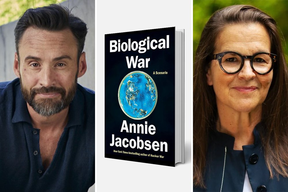 A composite image shows a bearded man on the left, a book titled "Biological War: A Scenario" by Annie Jacobsen in the center, and a woman with glasses on the right.