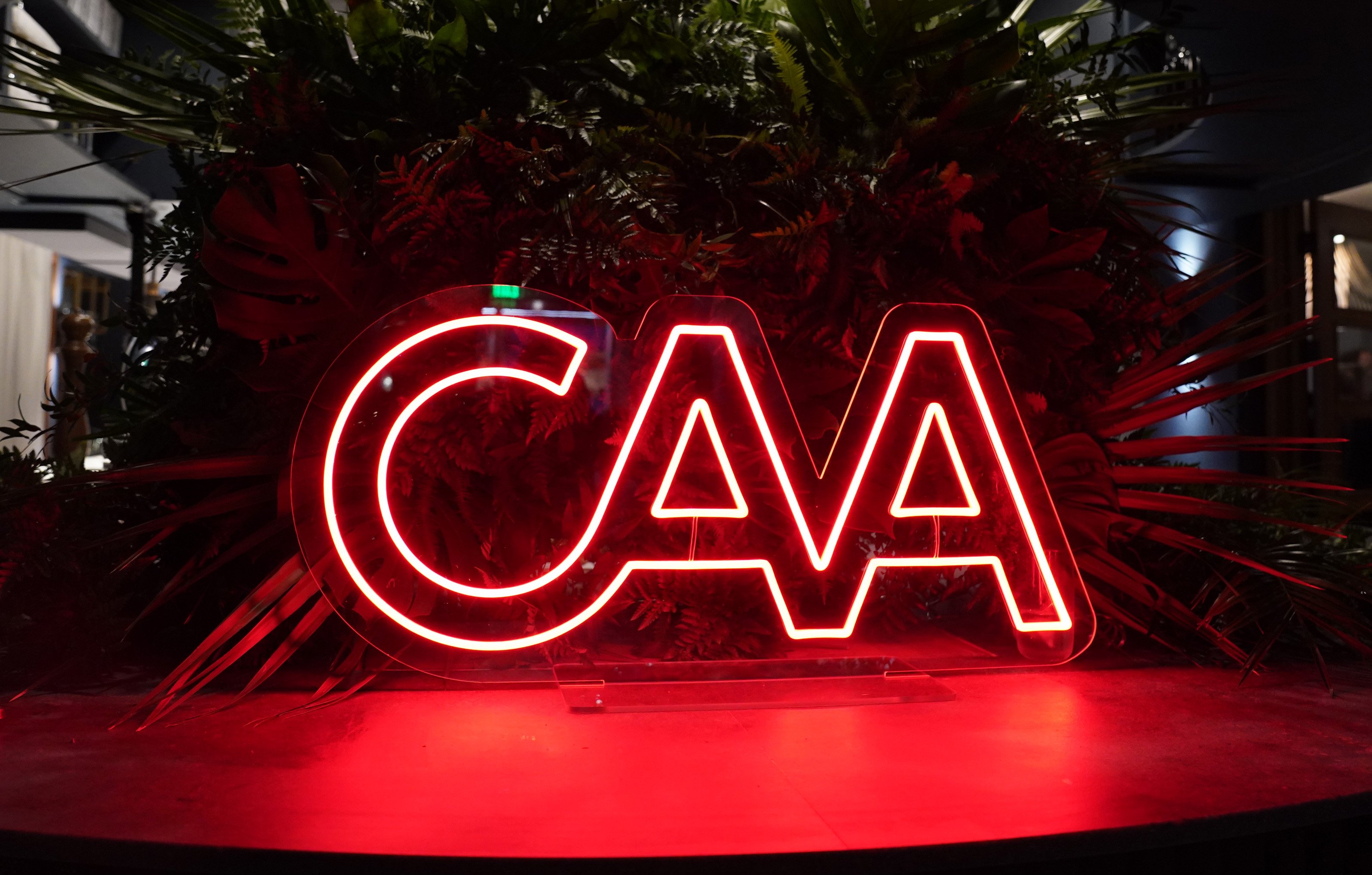 A glowing red neon sign displaying the letters "CAA" sits on a white surface, backed by dark tropical foliage.