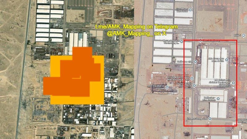 A satellite map view shows orange and yellow highlighted zones on the left and a red-outlined industrial complex on the right, labeled with Hebrew text and "AMK Mapping on Telegram @AMK_Mapping_on_X."