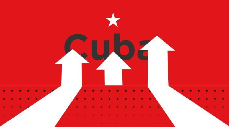 Graphic illustration featuring three white upward arrows rising against a red background with the word "Cuba" and a white star.