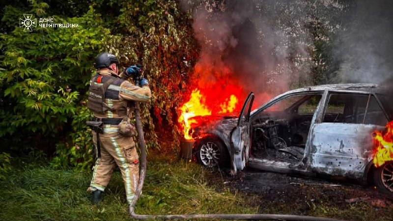 A firefighter in uniform and helmet sprays a hose at a burning, heavily damaged white car with open doors, as flames engulf nearby vegetation; an emblem with "ДСНС ЧЕРНІГІВЩИНИ" appears in the corner.