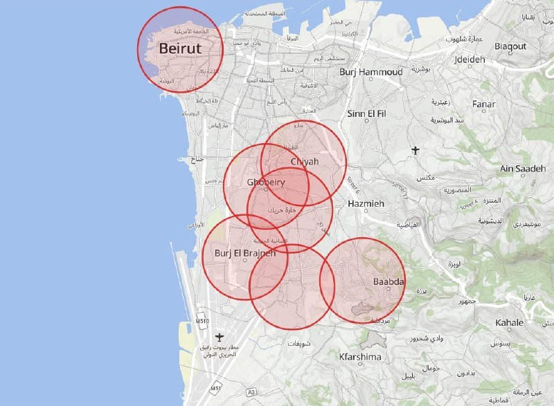 A map of Beirut and surrounding areas displays several overlapping red circles marking neighborhoods including Chiyah, Ghobeiry, Burj El Brajneh, and Baabda.