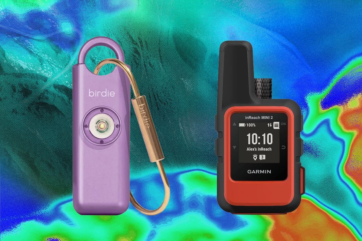 A purple "birdie" personal safety alarm and a red Garmin inReach Mini 2 satellite communicator are displayed side-by-side against a vibrant, multicolored abstract background.
