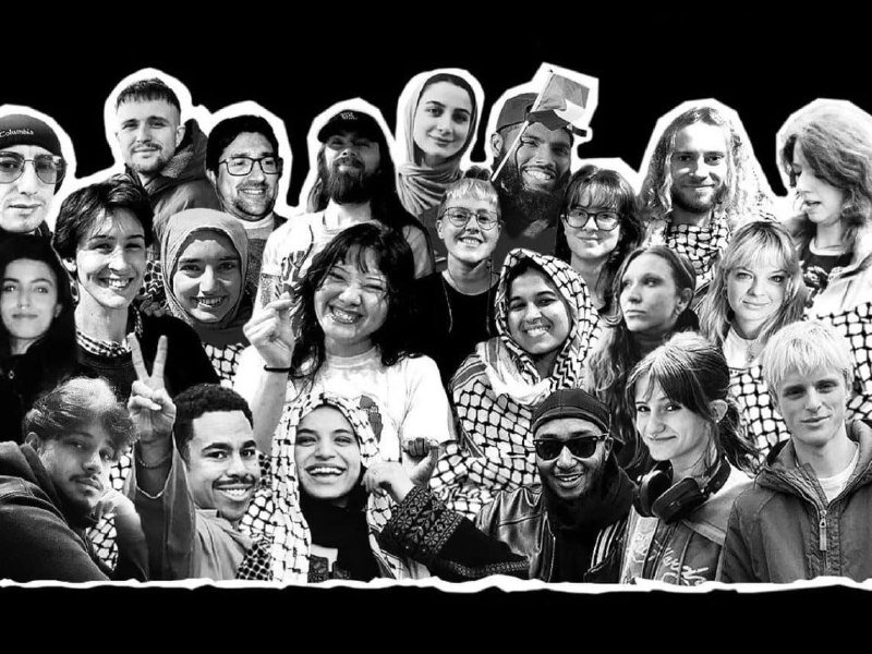 A black-and-white collage shows a diverse group of individuals posing together, many wearing keffiyeh scarves, with several making peace signs and smiling.