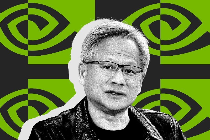 Black-and-white photo of a bespectacled man in a leather jacket against a checkered green and black background featuring NVIDIA eye logos.