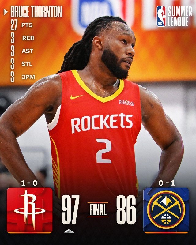 A Warriors player in jersey #1 is featured on an NBA Summer League graphic showing stats of 14 PTS, 4 AST, 3 STL, and 4 3PM, with OKC 79–Final 104.
