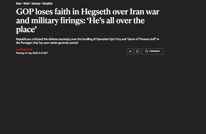 A digital news headline reads "GOP loses faith in Hegseth over Iran war and military firings: 'He's all over the place'" with a byline and date, against a black background.