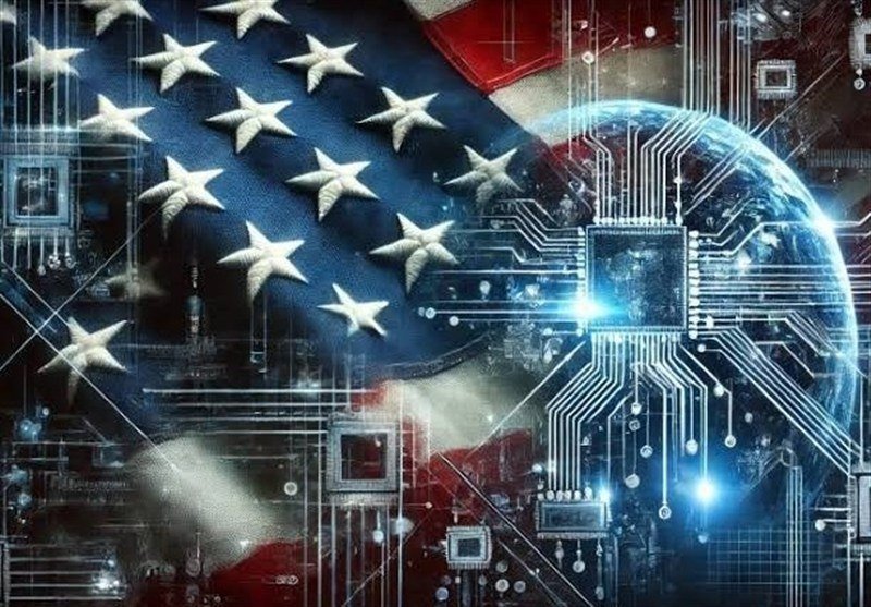 A digital illustration depicts an American flag merged with glowing blue circuit board patterns and a globe.