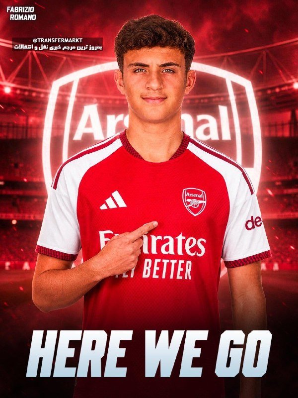 A young man in a red Arsenal soccer jersey points to the club crest, with text reading "FABRIZIO ROMANO," "@TRANSFERMARKT," and "HERE WE GO."