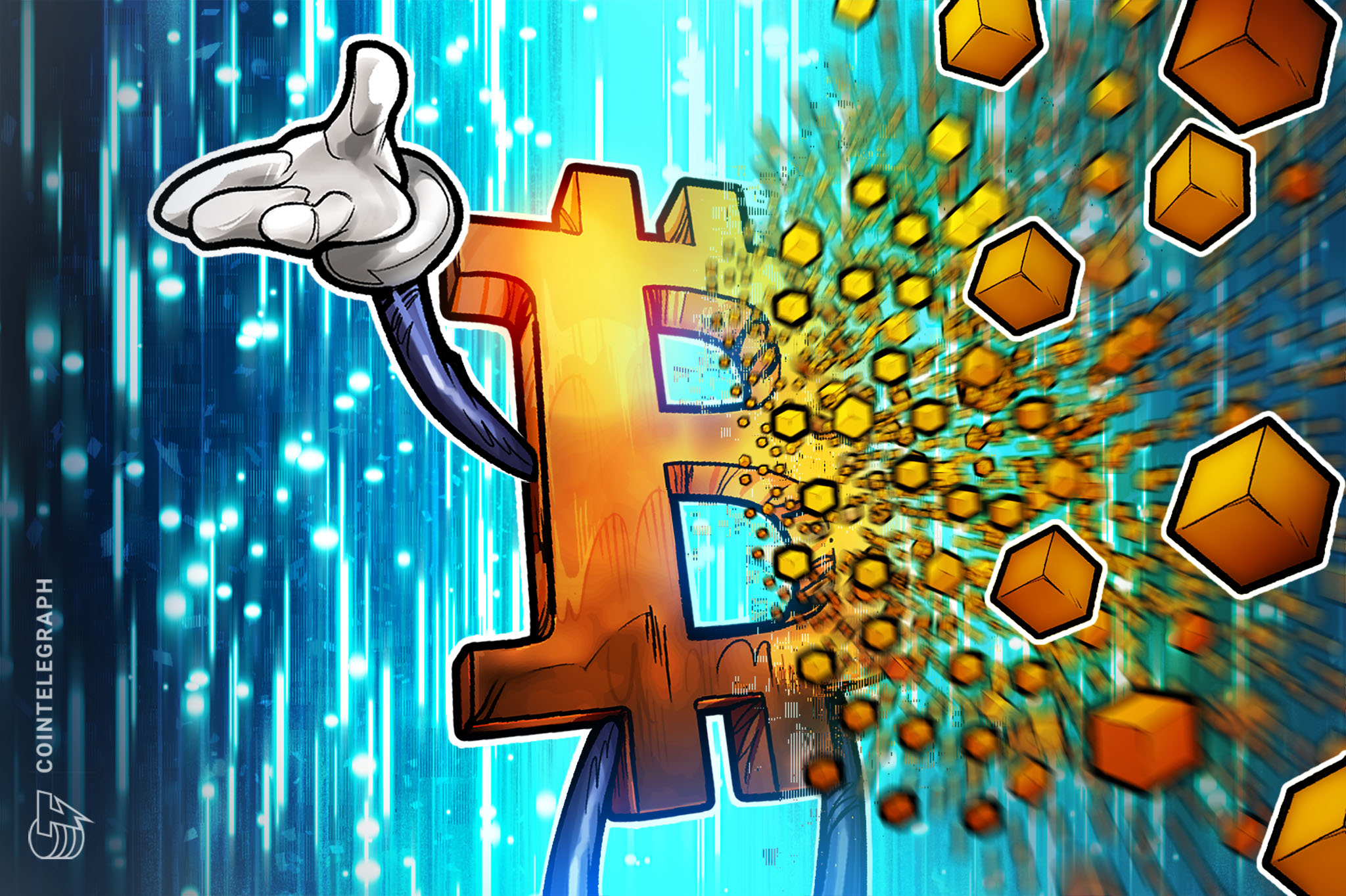 Bitcoin logo rendered as a stack of inscribed Ordinals-style tokens, a visual stand-in for the data-on-chain debate roiling the protocol in July 2026.