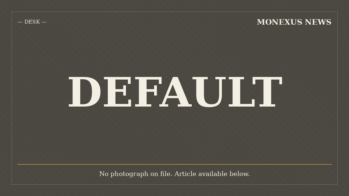 A placeholder graphic from Monexus News displays the word "DEFAULT" in large white serif text on a dark diagonally-striped background, labeled "DESK" with a note that no photograph is on file.