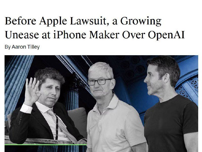 Three men in a stylized graphic illustration stand against a blue background, displayed beneath the headline "Before Apple Lawsuit, a Growing Unease at iPhone Maker Over OpenAI."